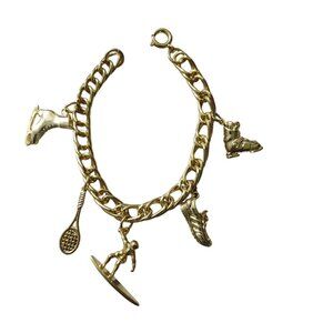Charm Bracelet Vintage Gold Plated Sports Surfboard Tennis Racket Ice Skate Ski